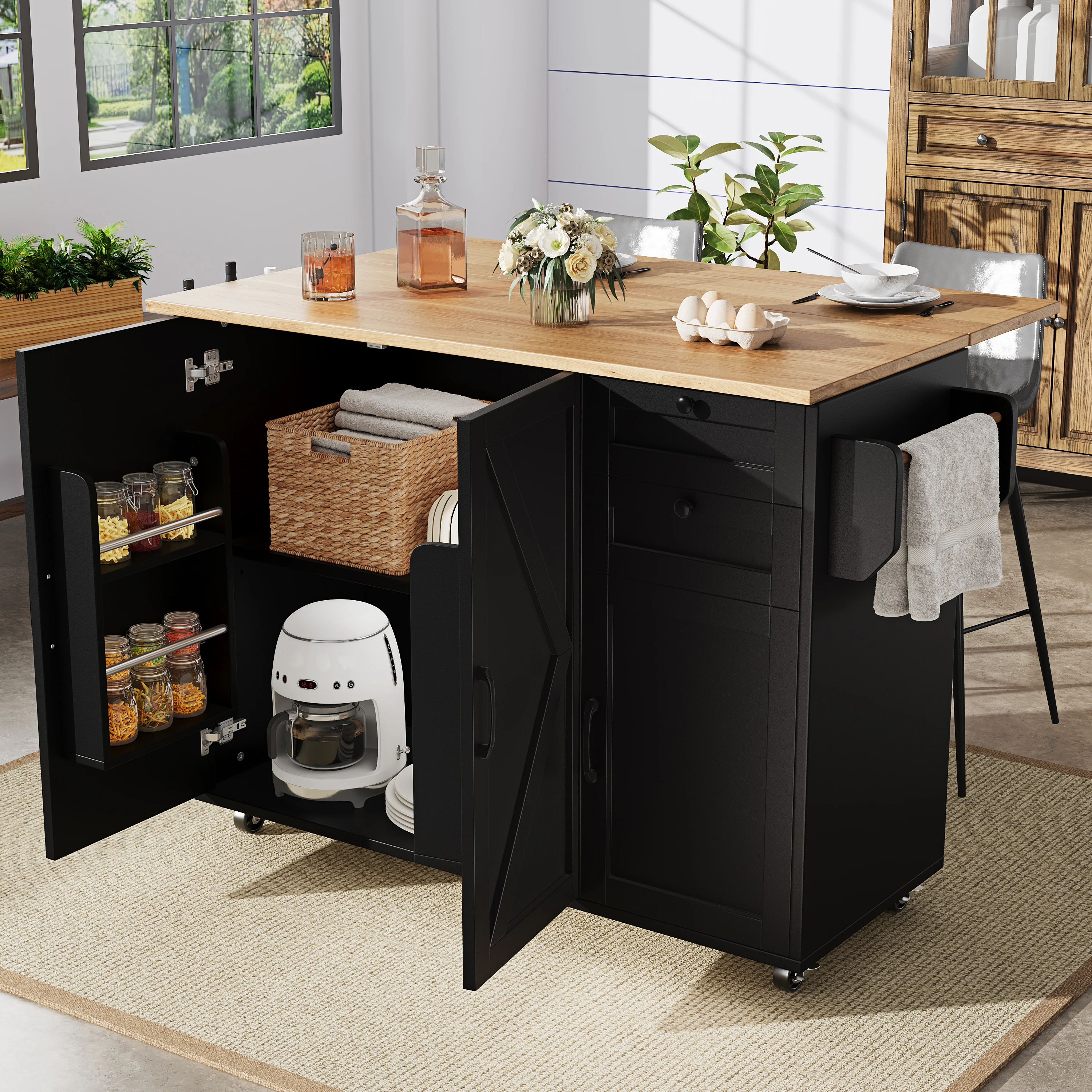 Îlot de cuisine moderne avec finition grain de bois, buffet multifonctionnel et chariot de service avec étagères de rangement réglables, 2 tiroirs, table à manger pliable, roulettes verrouillables, noir