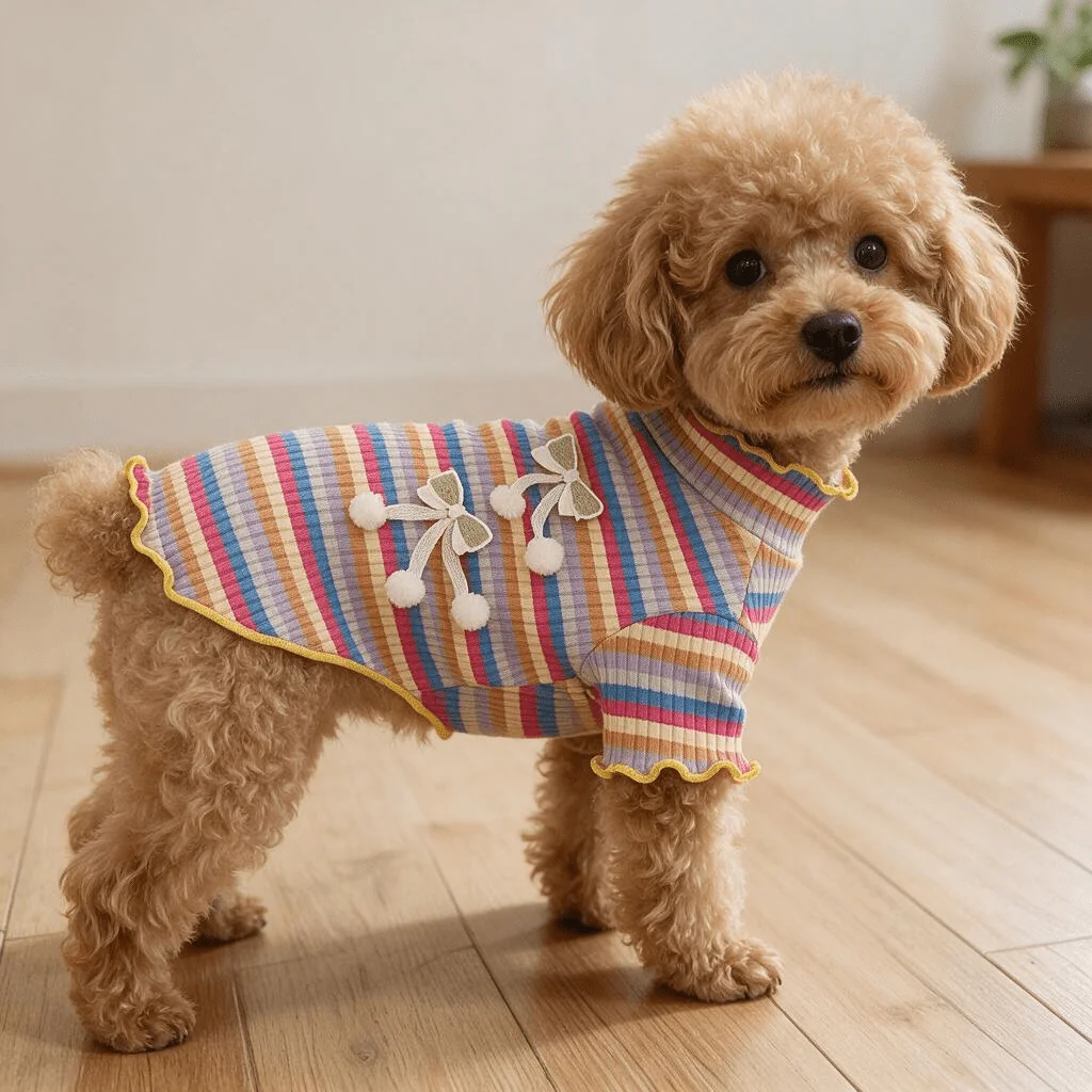 Rainbow Striped Ribbed Elastic Pet Short Sleeved T-shirt, Ruffled Hem with Lapel Cuffs, Double Velvet Ball Bow At The Back