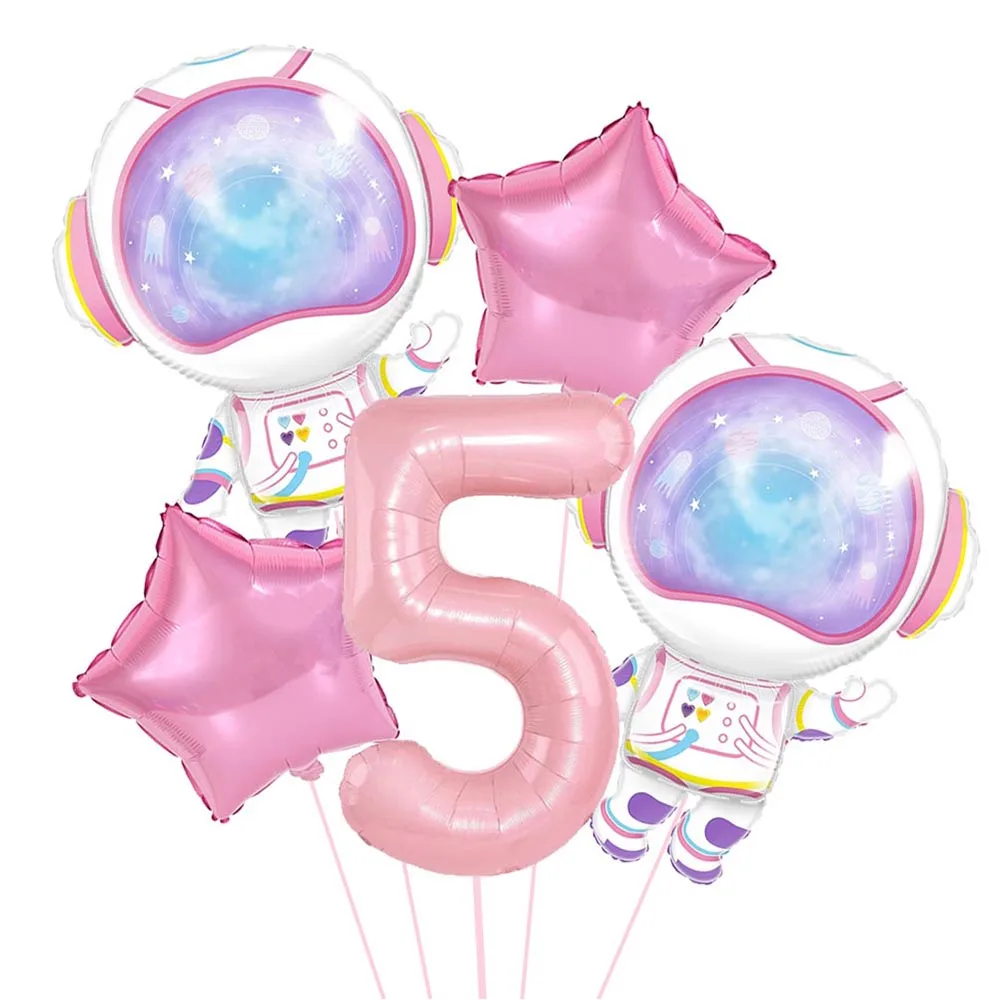 5pcs Pink Cartoon Astronaut Number Balloon Set Girls 5th Outer Space Theme Birthday Party Decoration Supplies Kids Favor Gifts