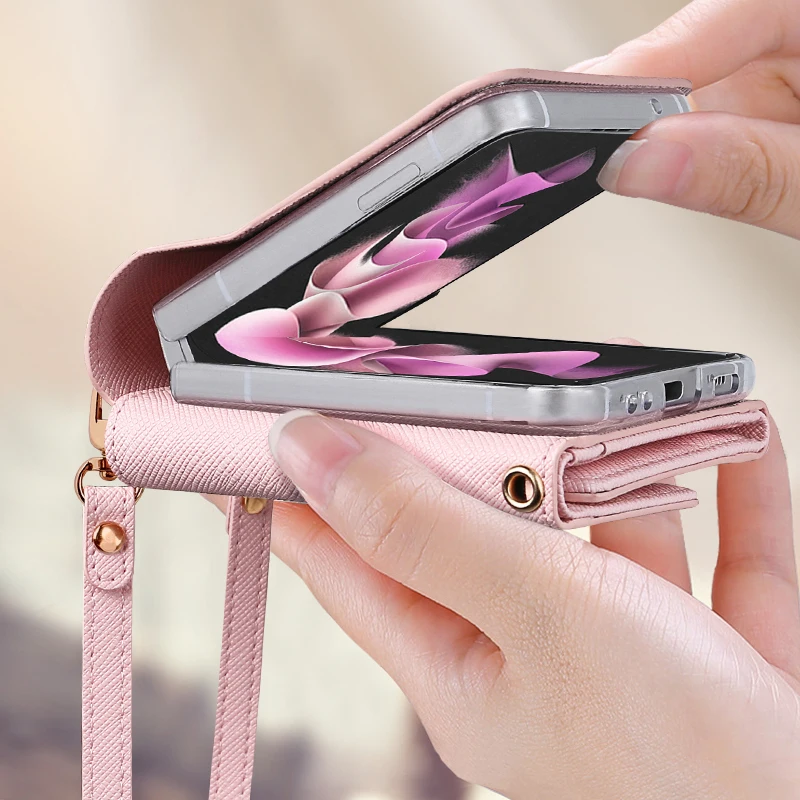 Vietao PU Leather Wallet Case for Samsung Galaxy Z Flip 4, Z4, Z3, Z Flip 5 Phone Case with Hand Strap, Z Flip 6 and Z Flip 7 Co