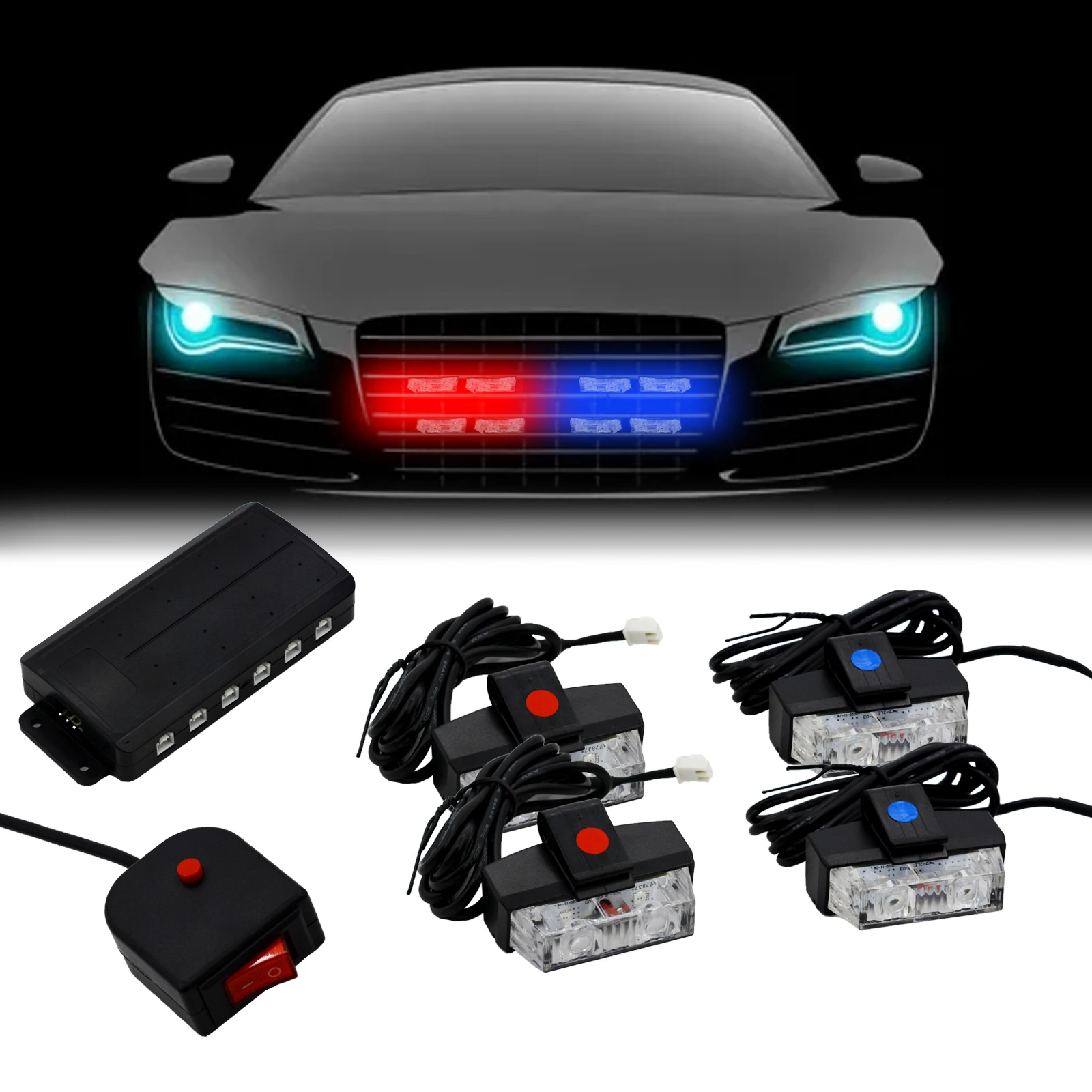 

4 In 1 Red Blue Emergency Strobe Lights Police Lights 12V With Wireless Remote Control Flash Grille Light for Cars Truck Van SUV