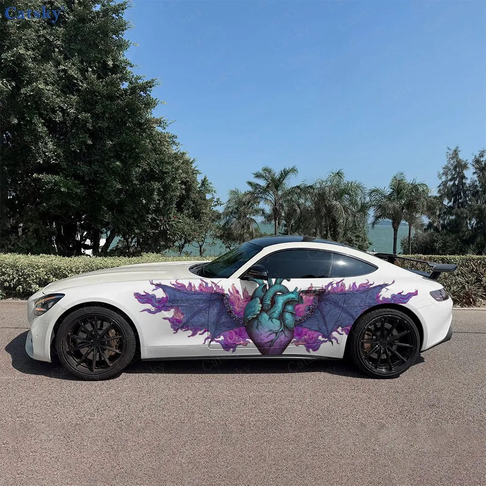 

2pcs Blue Flame Bat Heart Roar, Fade-resistant, Enhance Vehicle Aesthetics With Bold Artistic Design Car Vinyl Wraps
