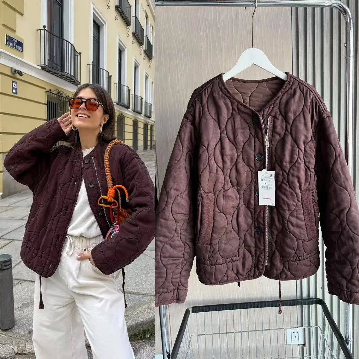

ETJ 2025 new TRAF women's elegant retro round neck Lyocell fabric loose version quilted cotton jacket casual jacket