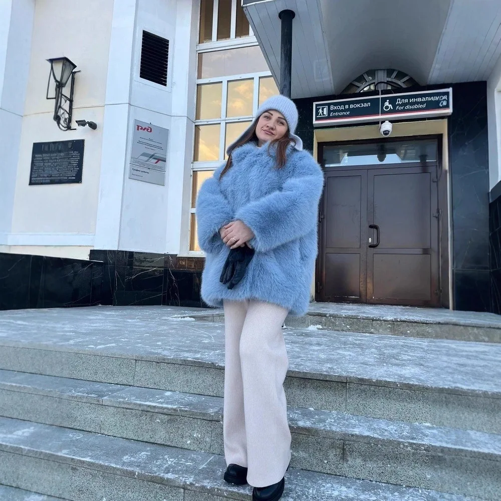 Women Coat Faux Fox Fur Coats Turn Down Collar Work Loose Open Front Fluffy Overcoat Autumn Winter Thick Warm Outerwear Pockets