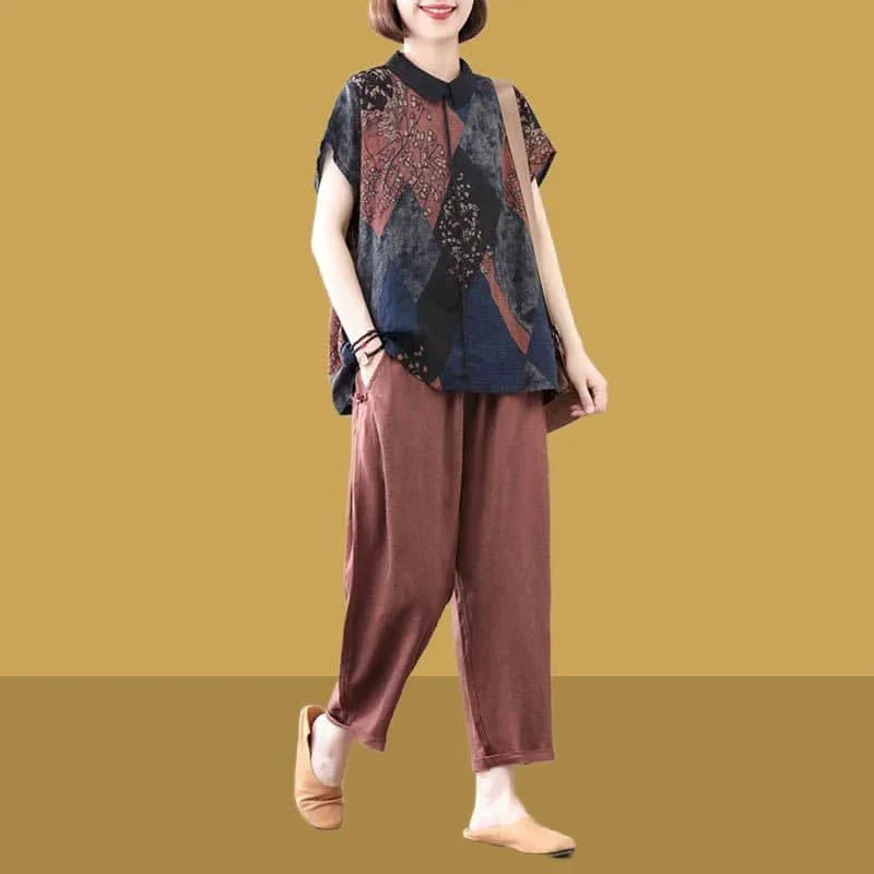 

Pop Casual Pants Set Loose Cotton Linen Short Sleeve Polo-neck T-shirt And Harem Pants Korean Fashion Two Piece Set Women Outfit