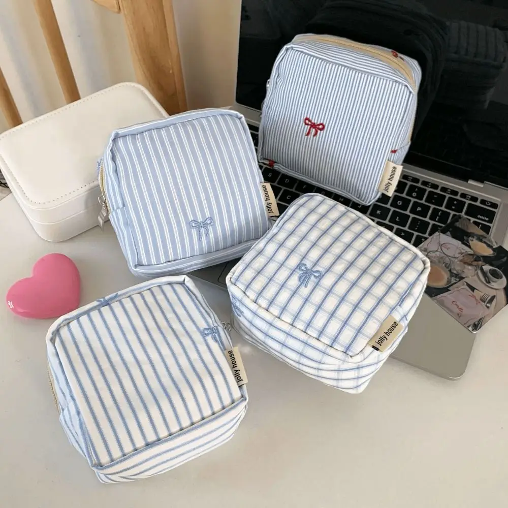 

Striped Plaid Mini Makeup Bag Embroidered Square Shape Lipstick Storage Pouch Zipper Closure Multi-functional