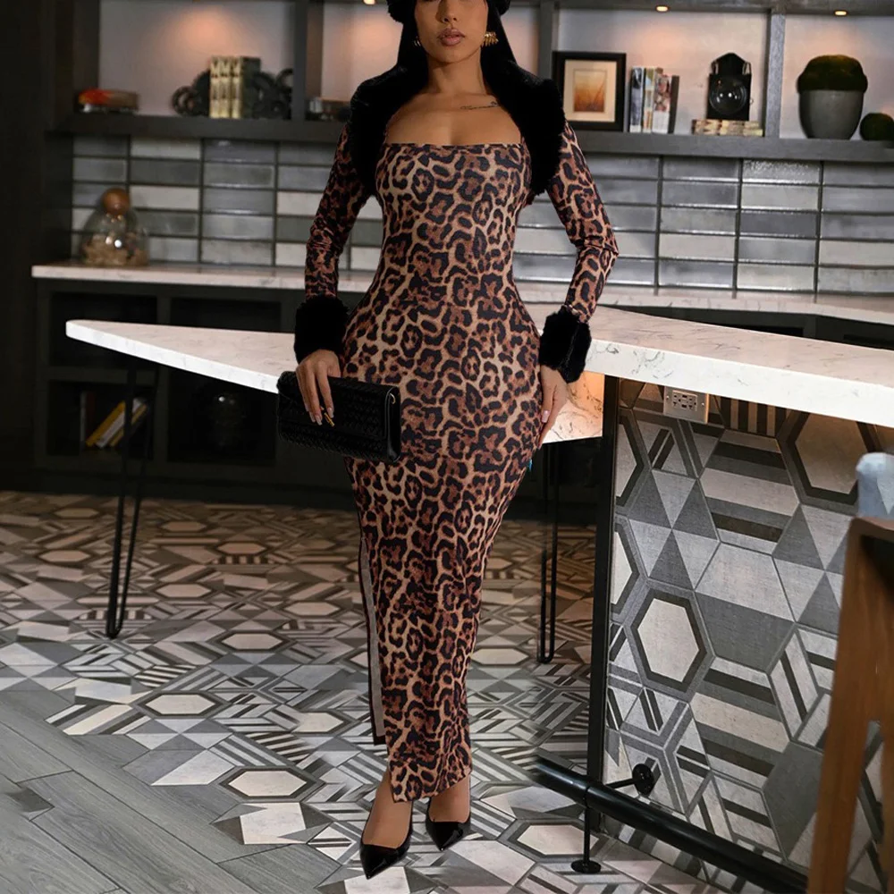 

Sexy Dresses for Women 2025 New Leopard Print Sheath Long Sleeve Side Split Elegant Ladies Birthday Party Dinner Vestidos Mujer