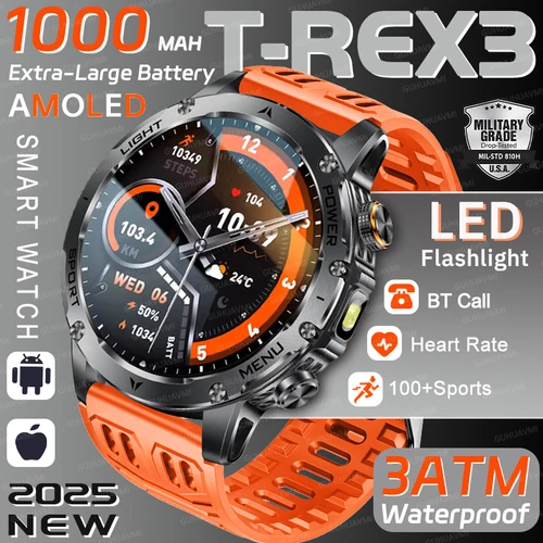 2025 al aire libre nuevo 1000mAh batería t-rex 3 grado militar reloj inteligente hombres IP69K impermeable GPS HD Bluetooth llamada 100 + reloj deportivo