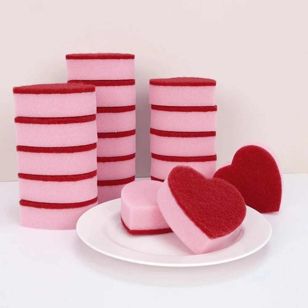 3/5/10pcs Heart Shaped Kitchen Scrub Sponges Durable Non-Scratch Surface Cleaning Pads Effortless Cleaning Absorbent