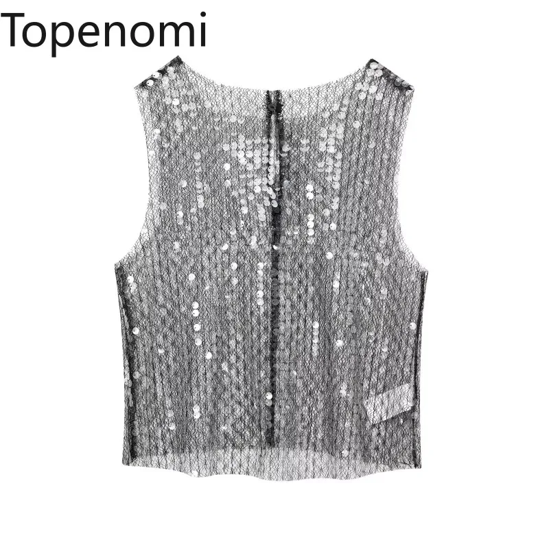 Topenomi Fashion Sequins Tank Top Women French Vintage Transparent Sleeveless Short Vest Camis 2025 New O Neck Sexy Chic Tops