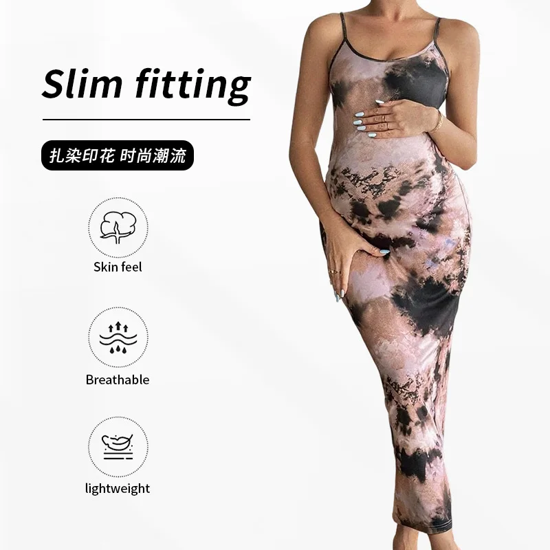 妊婦ドレス秋ロングノースリーブセクシー老化防止薄型プリントピュアバックレススリップドレス