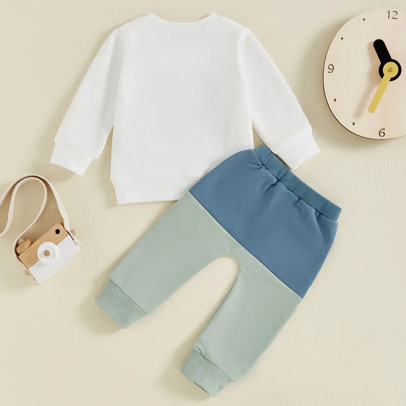 RUEWEY Toddler Baby Boys Pant Sets Spring Autumn Clothes Letter Long Sleeve Round Neck Tops Pocket Contrast Color Long Pants