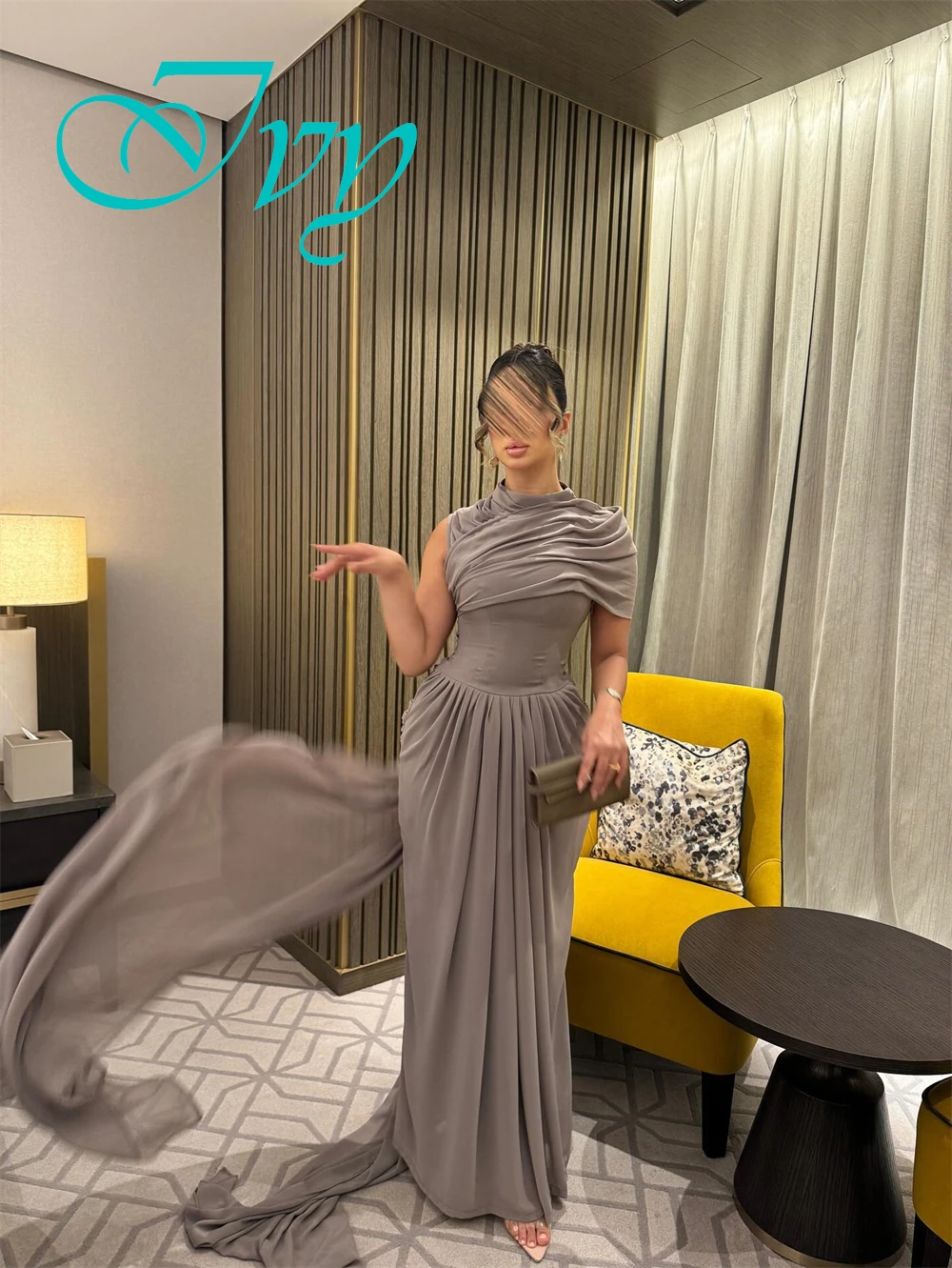 

Customized Luxury High Collar Chiffon Evening Dress Sparkly Sweep Train Prom Dresses High Quality Mermaid Special Occasion Gowns