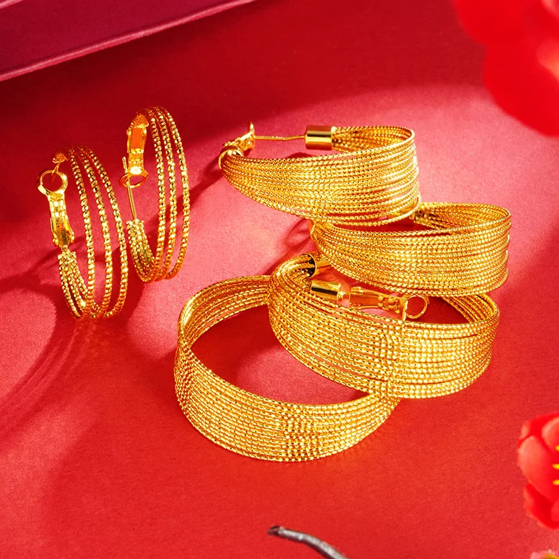 Fashion daily ornaments for ladies, women's Multi-layer Earrings With Silver Needle crafted from 24K Gold AU999 fine gold