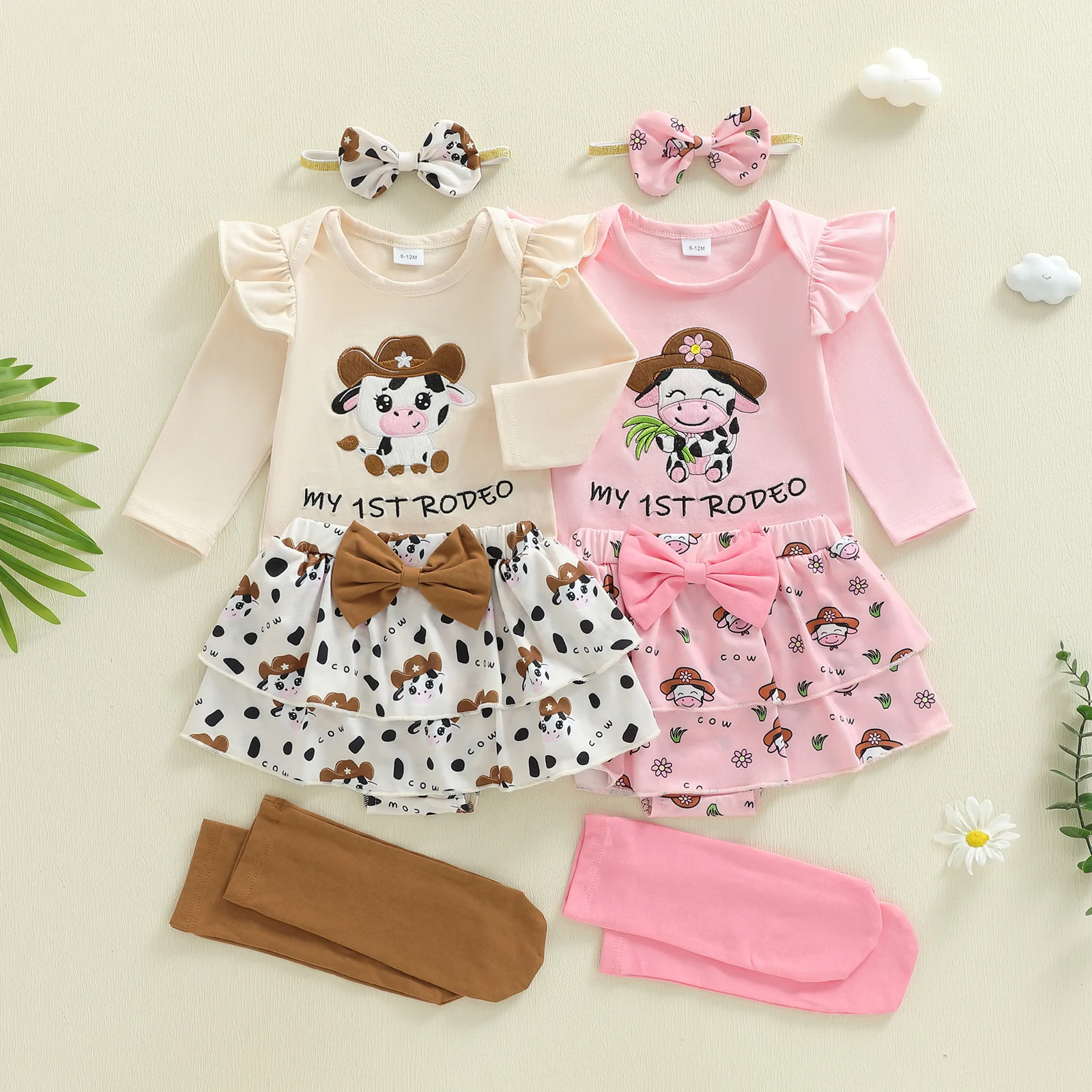 Newborn Baby Girl Outfits Cow Embroidery Long Sleeve Round Neck Romper Pattern Skirt Bow Headband Long Socks