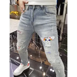 Vintage Jeans Men's Luxury Kpop 2024 New Men's Casual Slim Denim Jeans Spring and Autumn Ripped Korean Style Stretch Trousers