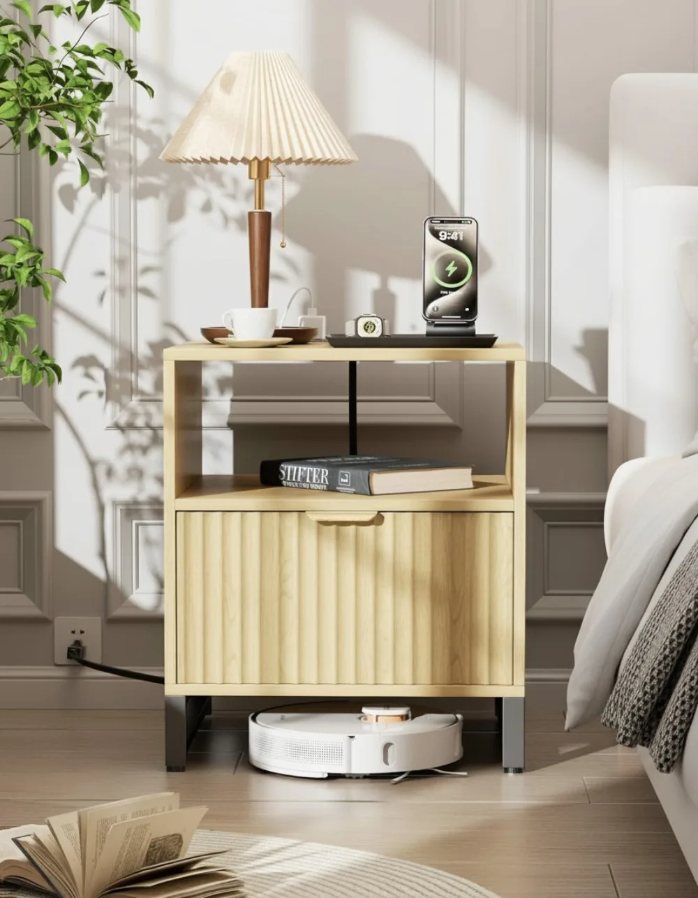 

Современная тумбочка с зарядной станцией, большим ящиком и открытым шкафом для хранения, прикроватная тумбочка середины века для спальни