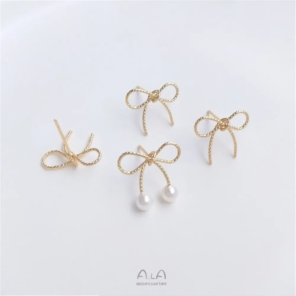 14K gold wrapped wire bow earrings 925 silver pin handmade diy stickable pearl earrings jewelry accessories