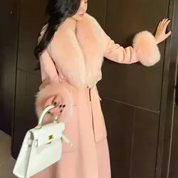 Women's Winter Real Wool Cashmere Coat Fashion Jacket Real Fox Fur Collar Cuff Outerwear LZ5907