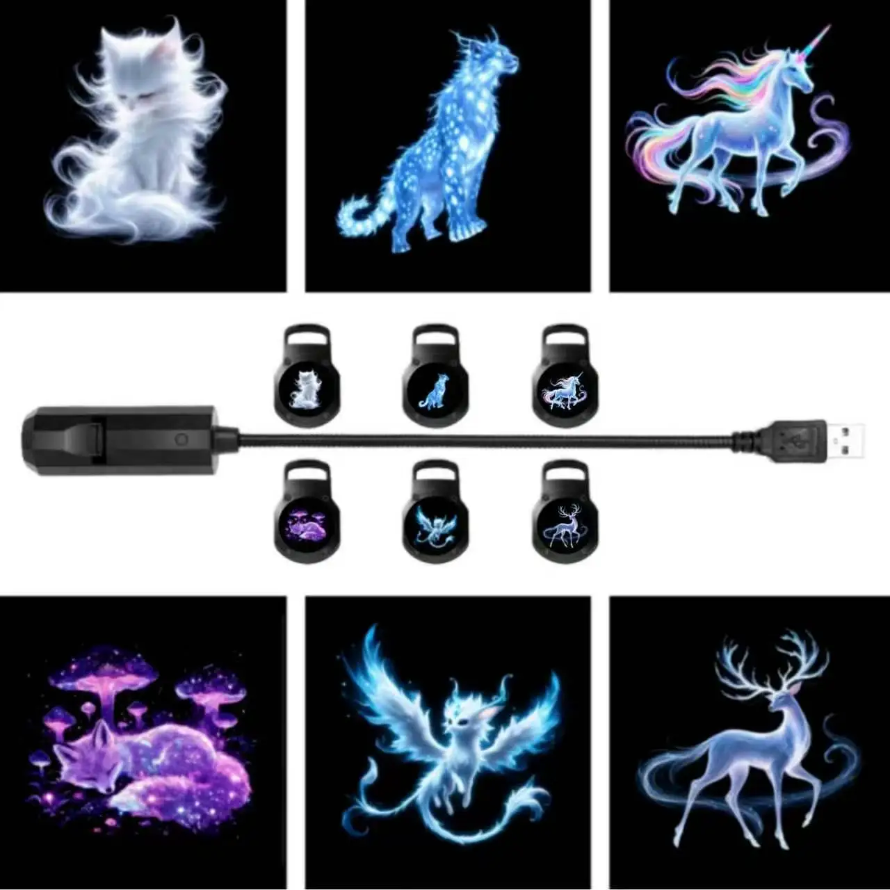 Six Major Mythological Creatures - White Cat, Blue Leopard, unicorn, Purple Fox, White Dragon, Gray Deer Pattern Projection Atmo