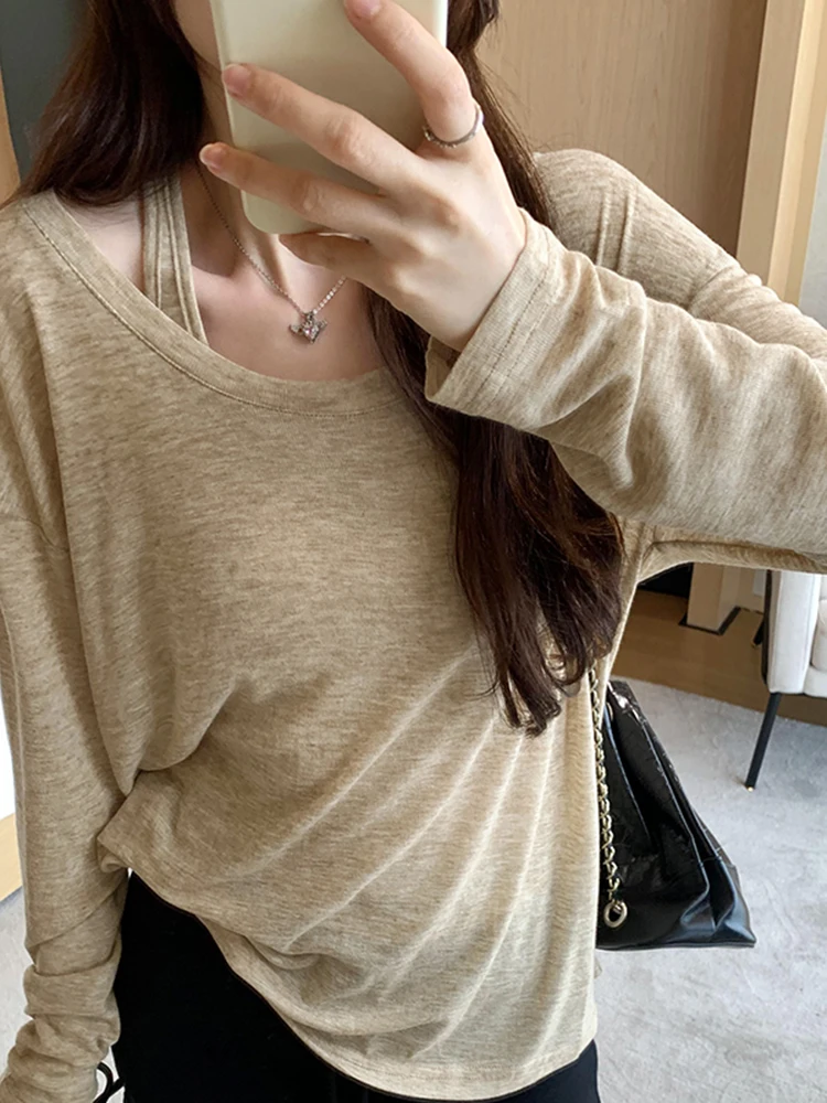 

Two Piece Autumn New Solid Color Women T-Shirt Simple Basic Slim Loose Woman T-Shirt White Oat Color Black Knitted Top Female