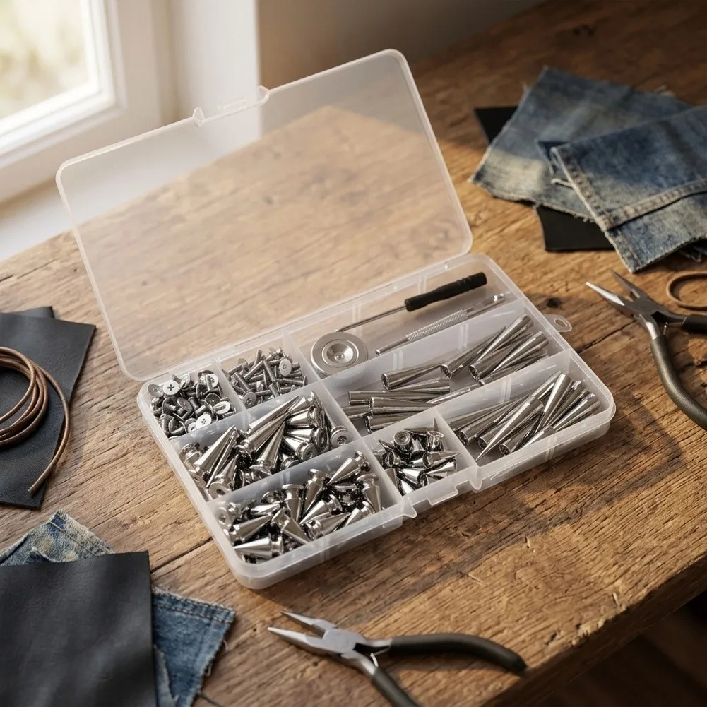 Bright Silver Finish Leather Rivet Set Resists Fading Diverse Decorative Needs 17.5*10*2.5cm For Custom Projects