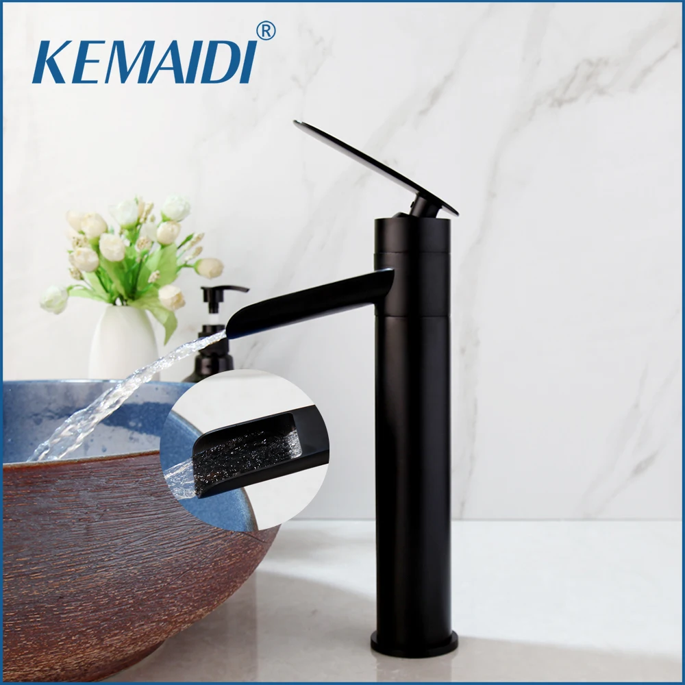 

KEMAIDI Black Square Bathroom Sink Faucet Single Lever Basin Faucets Deck Mounted Cold Hot Water Mixer Waterfall Tap