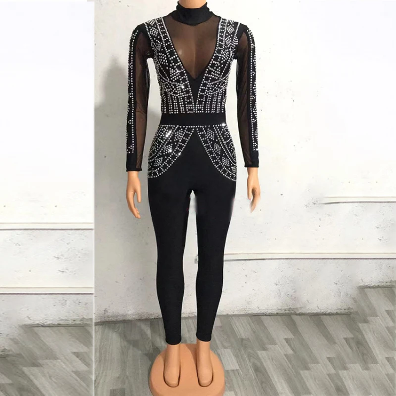 Silver Rhinestones Jumpsuit Sexy Pole Dance Black Mesh Rompers Women Singer Celebrate Gogo Costume Stage Festival Outfit XS4326