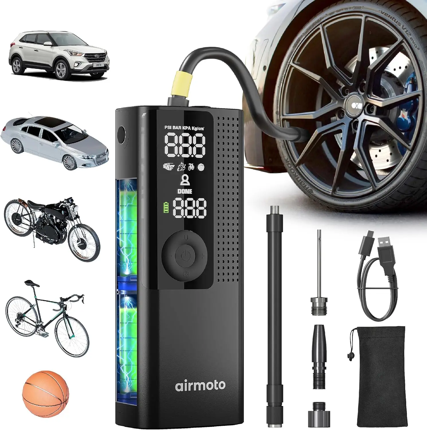 Portable Tire Inflator with Digital Gauge, Auto Shut-Off, LED Light for Car Motorcycle Bicycle Ball