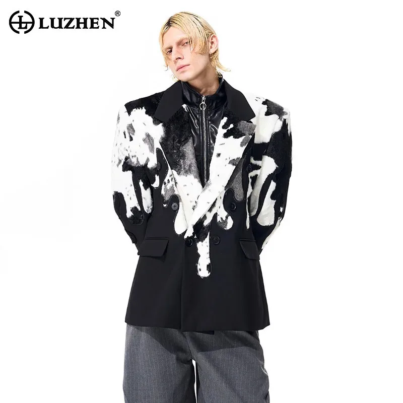 LUZHEN Personalized Pattern Color Contrast Printed Shoulder Pad Blazer Coat Men 2025 New Original Handsome Street Jacket JY4894