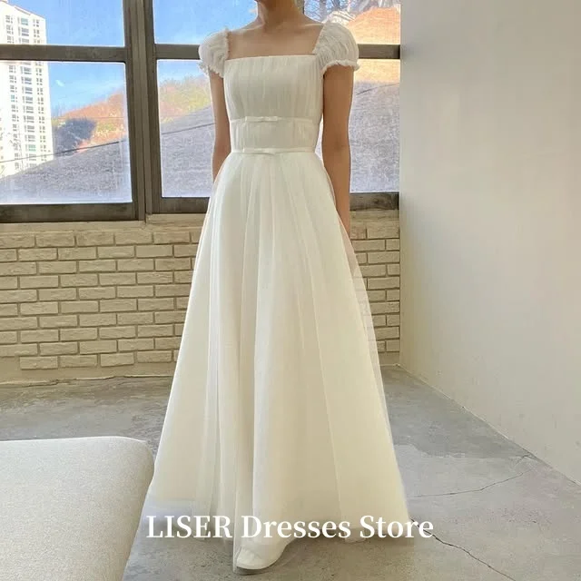 Liser Square Collar A-Line Korea Wedding Dresses Short Sleeves Photo Shoot Silk Chiffon Bridal Gowns 웨딩드레스 Customized