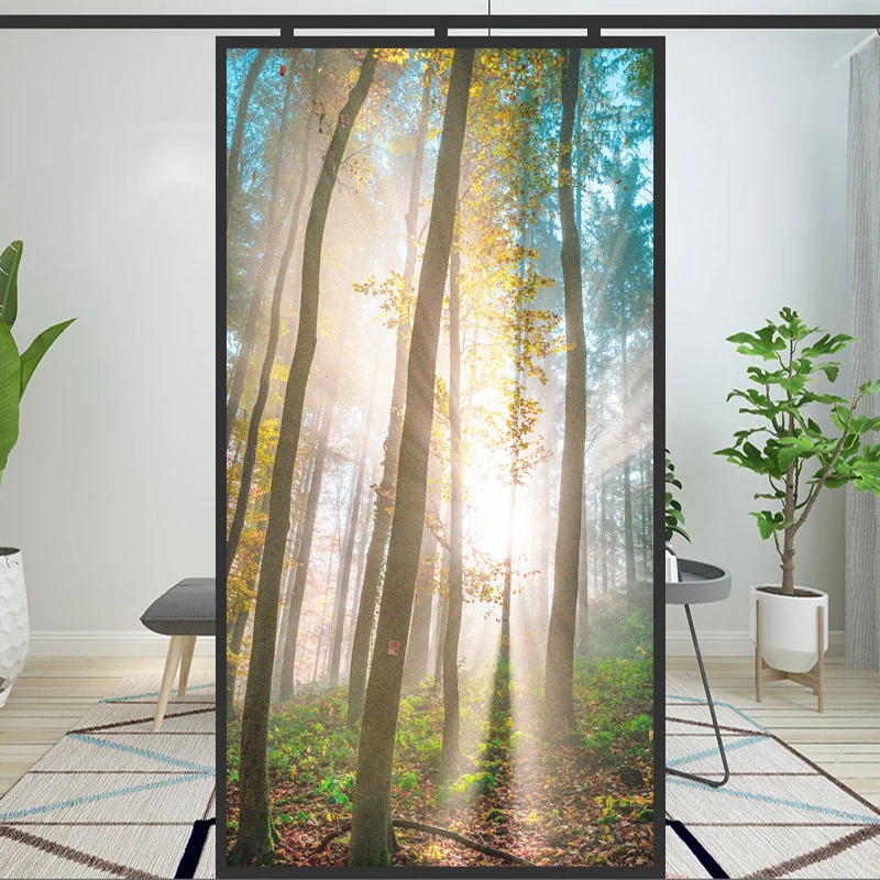 Privacy Windows Film Forest Decoration  Window Stickers No Glue Static Cling Frosted Windows Film for Home