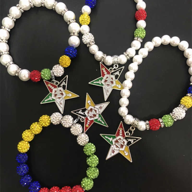 1pcs OES Order Of Eastern Star Elastic Bracelet Enamel Masonic Charm Glass Pearl Bling Bangle Fashion DIY Gift Jewelry OGL273