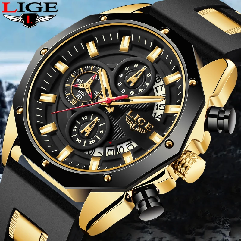 LIGE Mens Watches Fashion Business Watch Men Top Brand Luxury Silicone Sports Military Quartz Chronograph Relogios Masculino+BOX