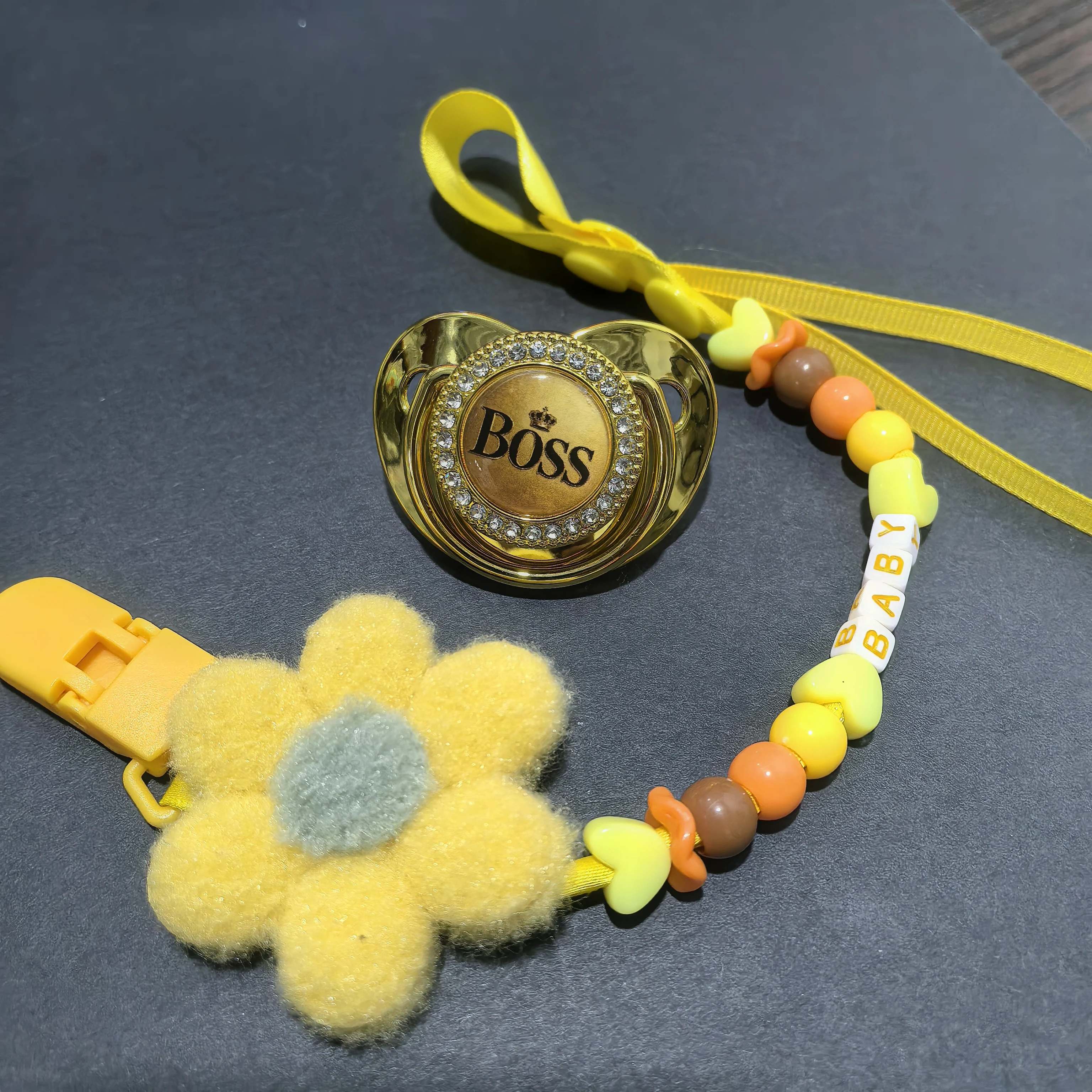 Pacifier Clip with Custom Name Chain - Yellow Plush Heart Rhinestone Dummy Holder for Newborns, Personalized Baby Gift