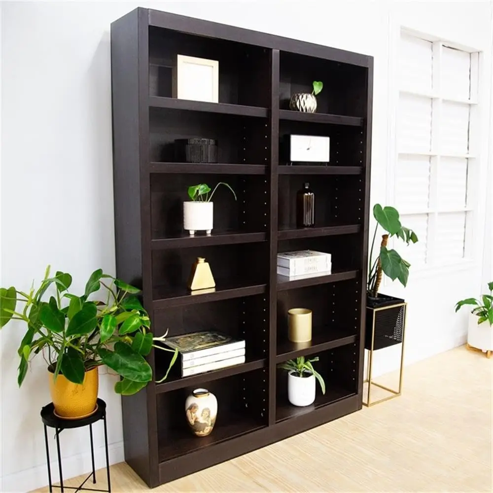 Traditional Double Wide Wood Bookcase with 10 Adjustable & 2 Fixed Shelves, Simple Assembly, Espresso Finish, 84