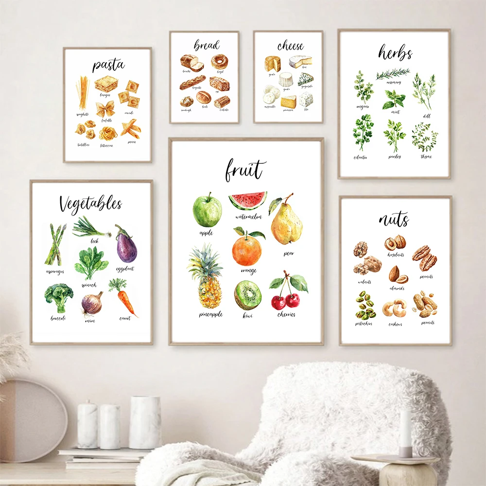 الفاكهة الخضروات الخبز الجبن المعكرونة المكسرات قماش اللوحة المائية الغذاء المشارك طباعة صورة جدار ديكور المطبخ ديكور المنزل