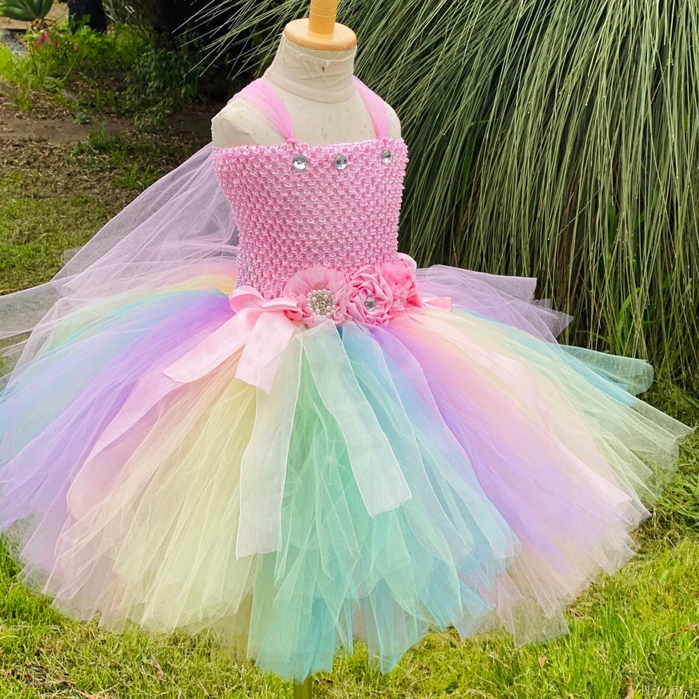 Pastel Fairy Princess Dresses for Girls Birthday Party Costumes Kids Halloween Tutu Outfit with Butterfly Wings Fancy Dress Set