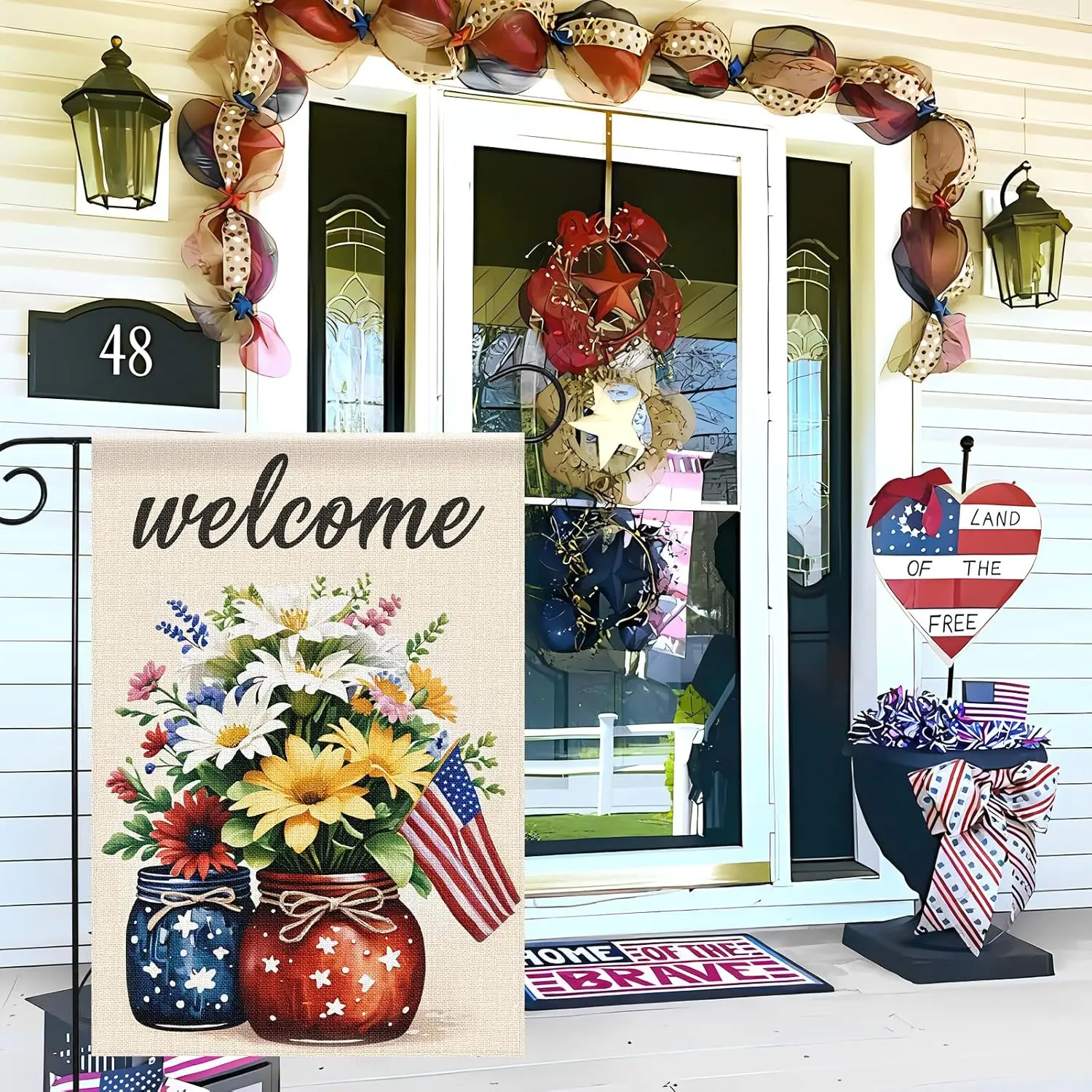 4th of July Floral Garden Flag 12x18 Inch, TMIYO Double Sided Patriotic Mason Jar Flowers American Flag for Outside, Independenc