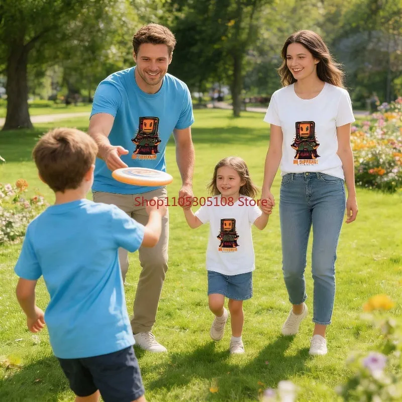 

2026 Summer New Children's Pure Cotton T-shirt Retro Gaming Cartoon Printed Children's Short Sleeve Round Neck Parent Child Top
