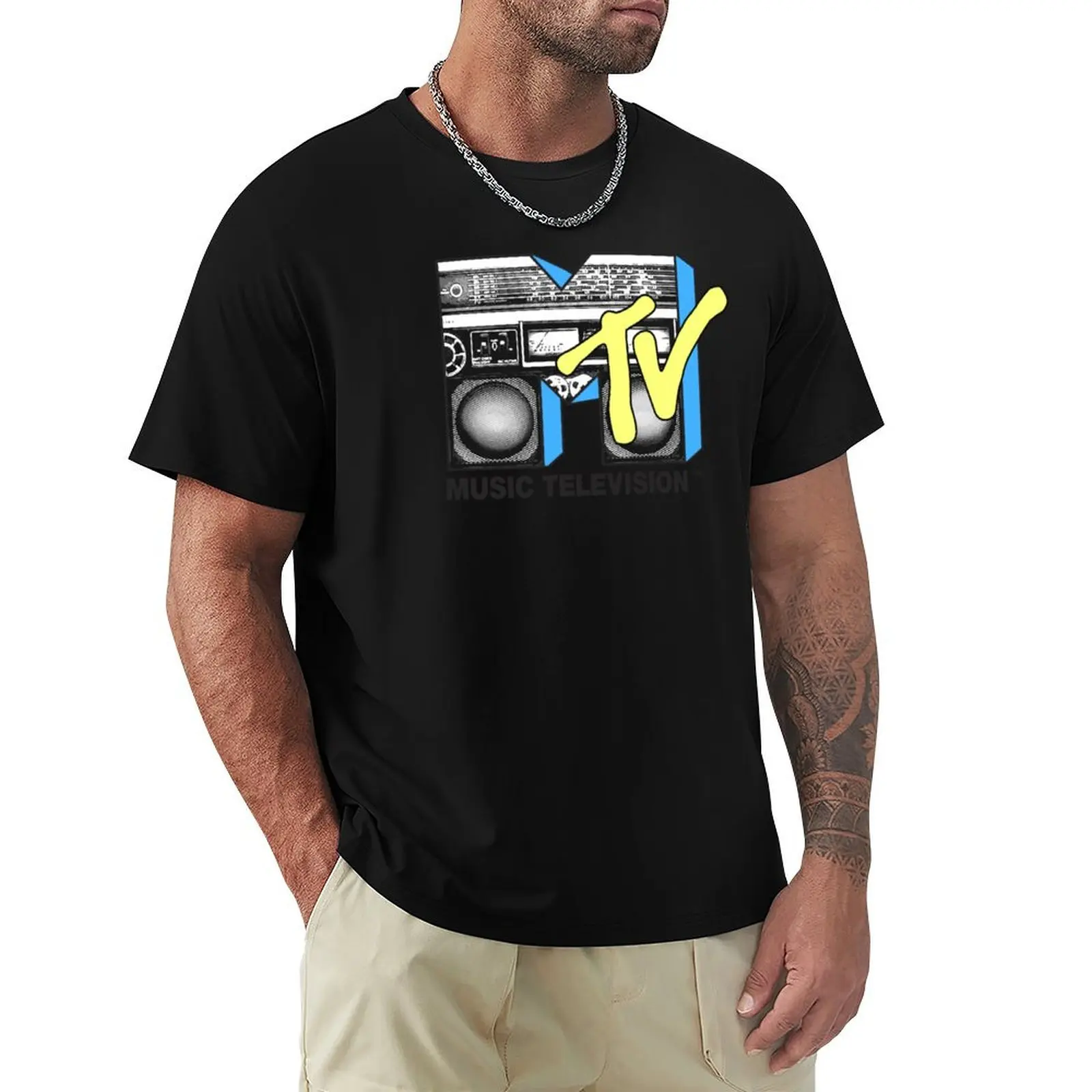 MTV Black And Yellow Boombox Logo Fill T-Shirt Novelty Print Casual Tee Shirt