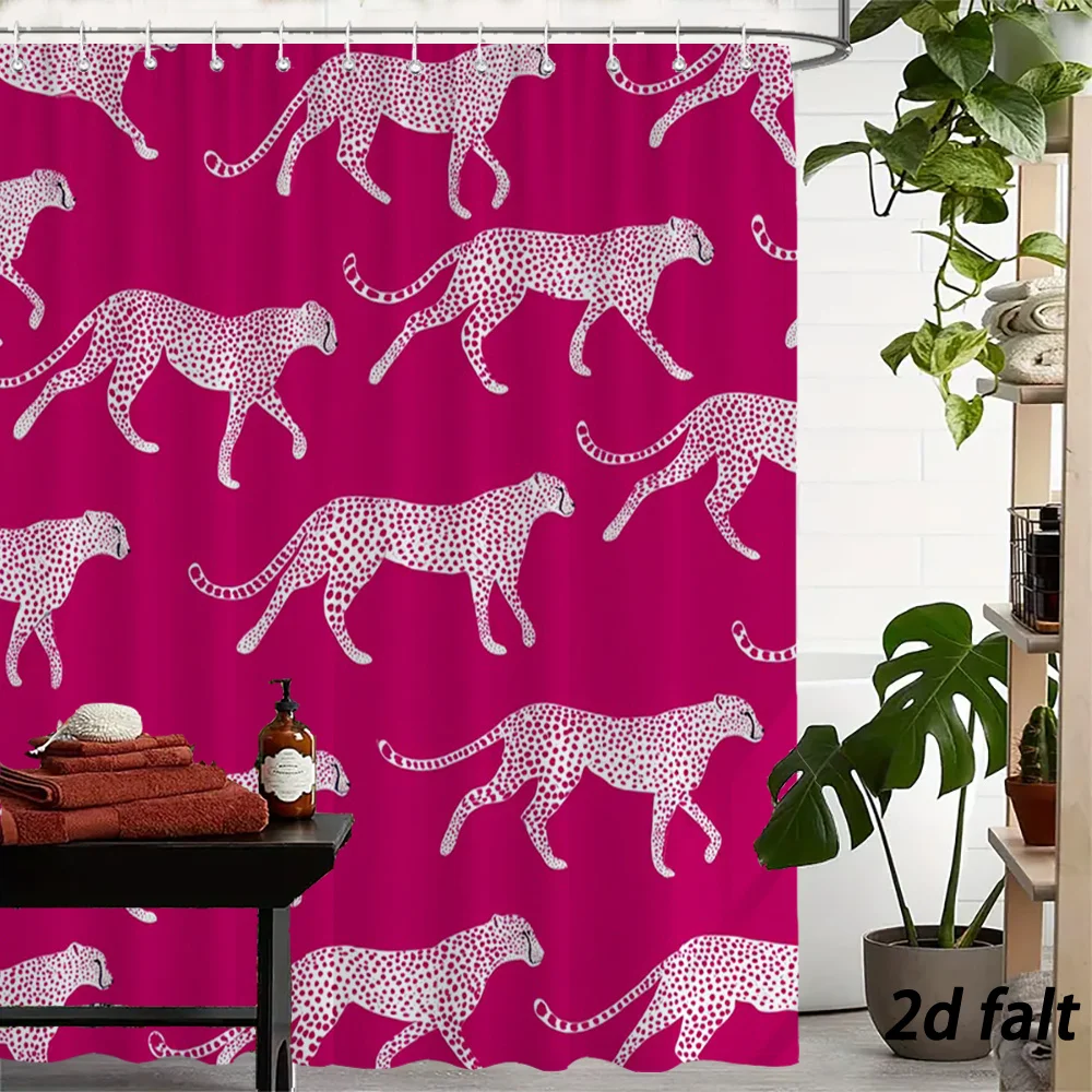 Trendy Hot‑Pink Base White Spotted Walking Cheetah Seamless Animal Print Bath curtain, Cozy Soft Warm 
