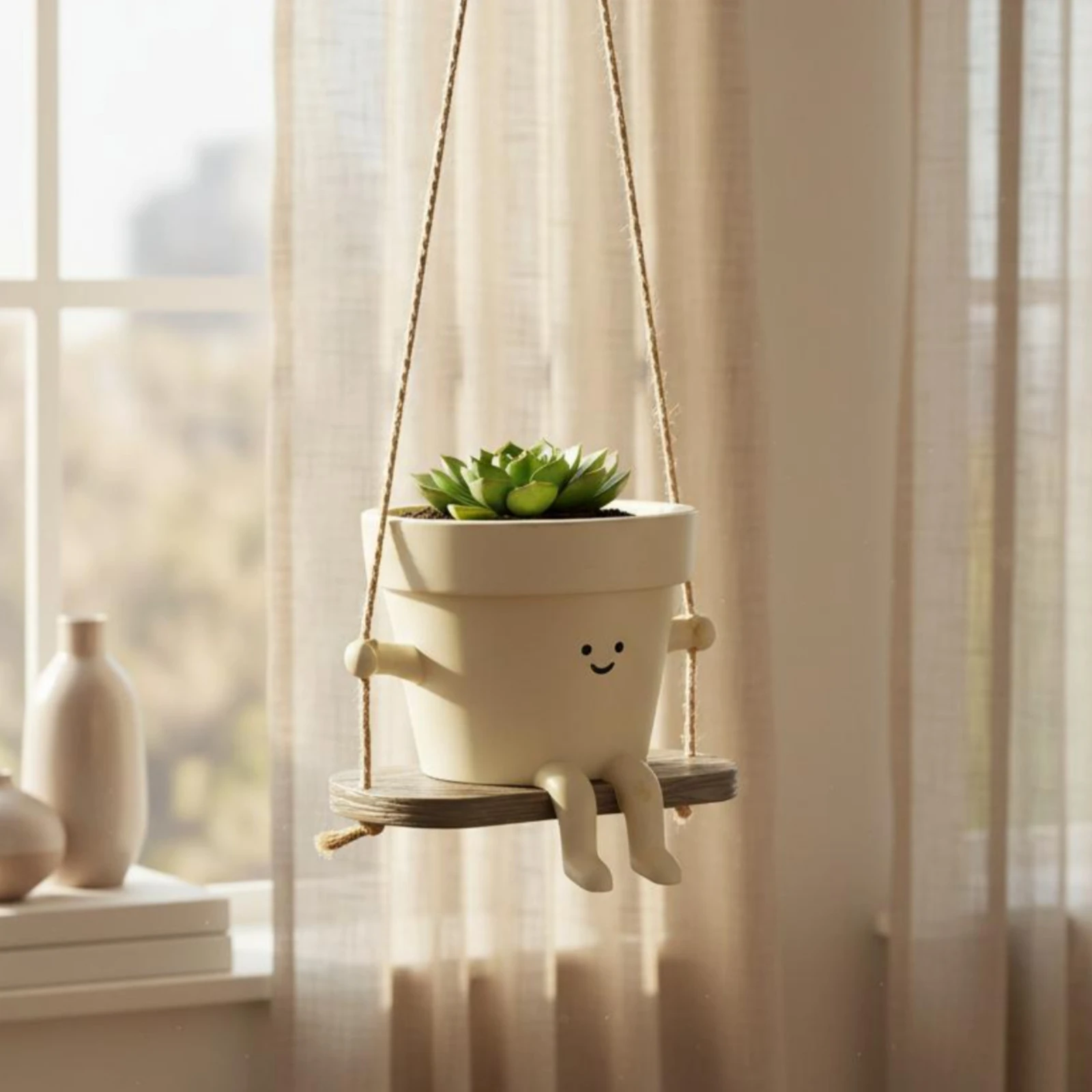 Hanging Face Planter Swing Design Printed Face Swing Seat Smiling Character Pot for Window Decor Piece