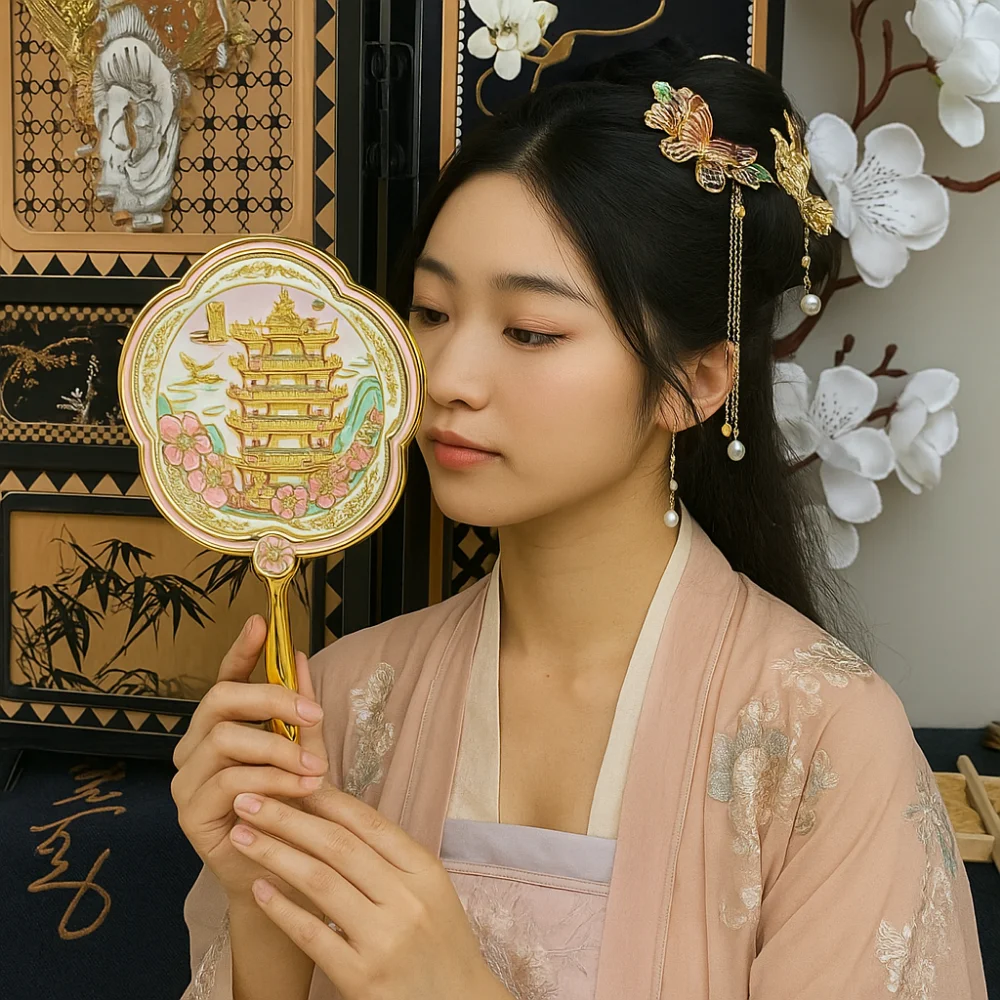 

Mini Portable Handheld Makeup Mirror Metal Round Cultural Creative Mirror With Handle Travel Makeup Mirror Beauty Tool
