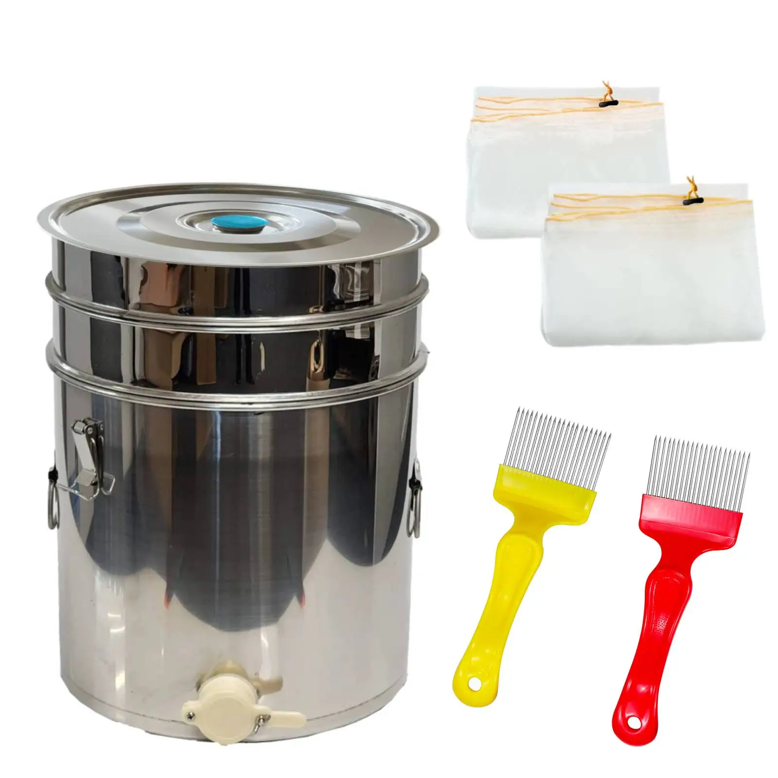 50kg Stainless Steel Bucket Set Stainless Steel Honey Tank with Double Layer Honey Filter| Uncapping Fork for Beekeeping