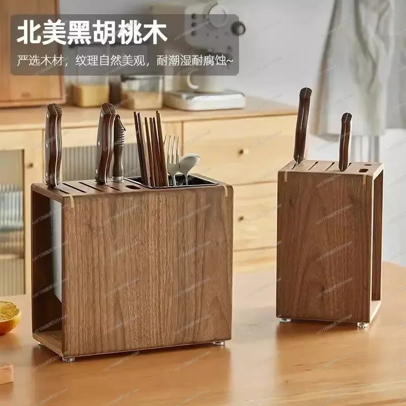 Black Walnut Knife Block with Chopstick Holder Integrated Drainage Kitchen Countertop Organizer Household Cutlery Storage