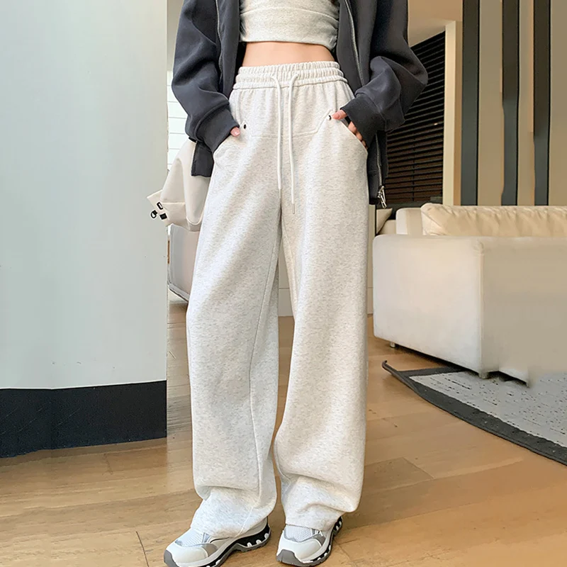 

Rivet Decor Wide Leg Pants Women Autumn High Waisted Drawstring Casual Jogging Pants Female Streetwear Loose Straight Trousers