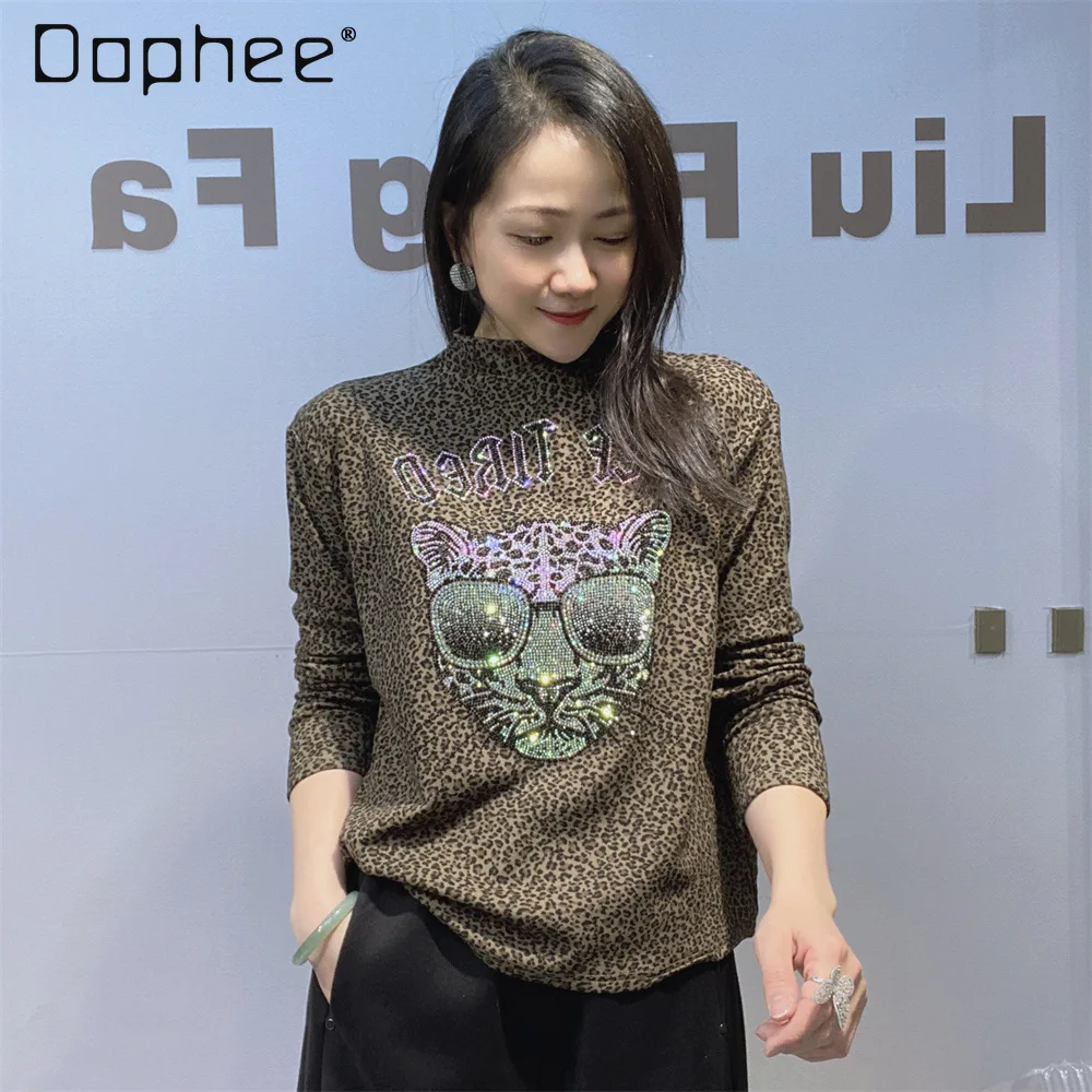 

Fashion Retro Rhinestone Long Sleeve Leopard Print T-Shirt Brushed Fleece Base Shirt for Women Half High Collar Autumn Winter