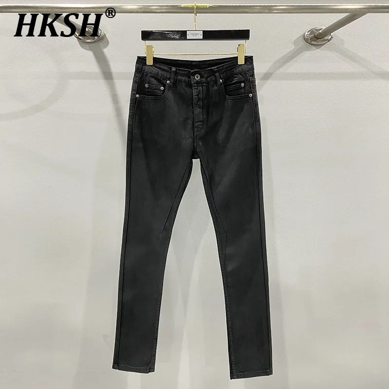 HKSH Men's Tide Streetwear Dark Classic Versatile Autumn Winter New Wax Coated Craft Slimming Long Jeans Chic Denim Pants HK2220