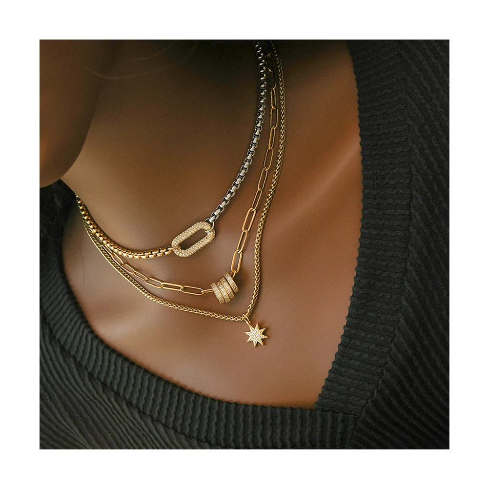 Fashion Designer Jewelry Waterproof Stainless Steel 18k Gold Plated Two Tone Oval Zircon Charm Multilayer Necklace YF3751